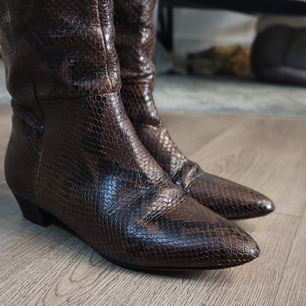 Brown Leather Snakeskin Embossed Knee-High Boots - Picture 10 of 16